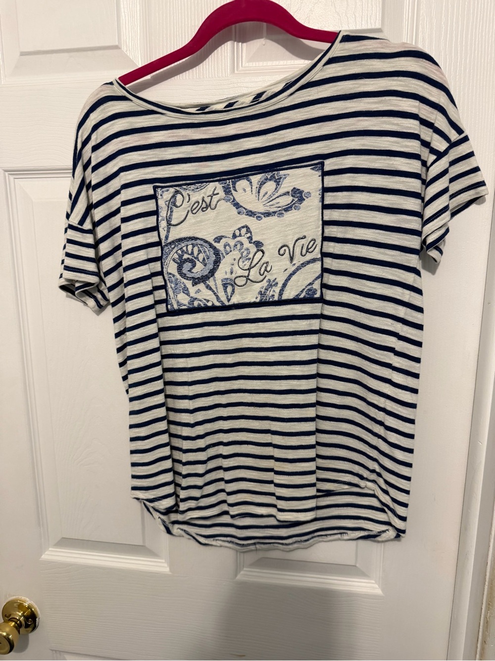 Chico's Navy and White Striped Short Sleeve Tee with 'C'est La Vie' Patch
